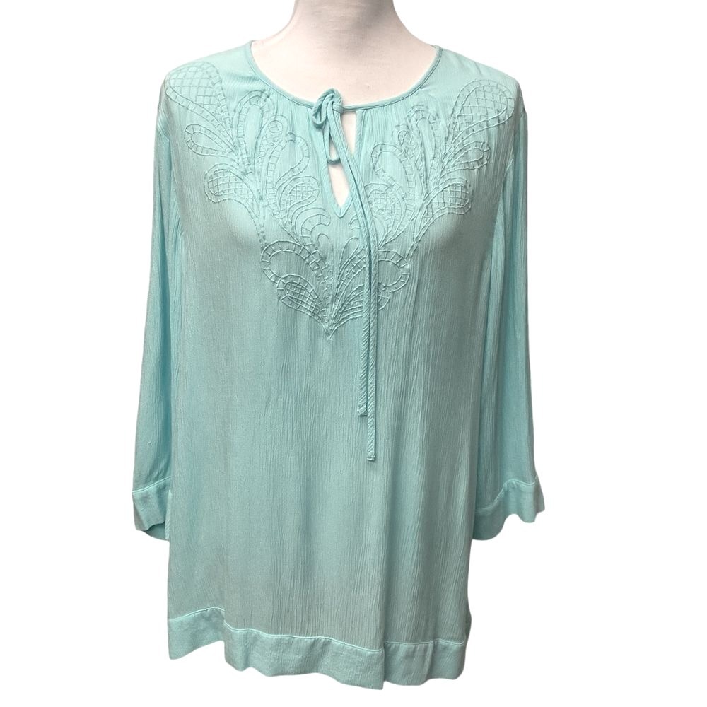 Chico's Women's Embroidered Tunic Blouse Size L Teal Blue Tie Neck Long Sleeve